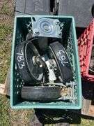 4 Tool carry cases, (Pioneer, Makita, Skil,), Tote of assorted tarps, crate w/ approx 16 3" swivel roller wheels,, crate w/ 10' swivel roller wheels, *Unreserved*