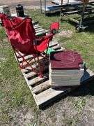 1 - Master Craft Camp Toilet, 1 - Red folding Camp CHair, Green Folding Camp Chair w/ bag *Unreserved*
