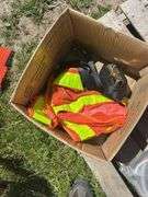 Box of Orange Safety Straps, Vest & 2 - Ratchets, Crate of misc Cabinet Hinge Sets  1-2'' Approx. 12 packs, Crate of Approx. 12 - rubber cabinet Wheels 5'' *Unreserved*