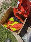 Box of Orange Safety Straps, Vest & 2 - Ratchets, Crate of misc Cabinet Hinge Sets  1-2'' Approx. 12 packs, Crate of Approx. 12 - rubber cabinet Wheels 5'' *Unreserved*