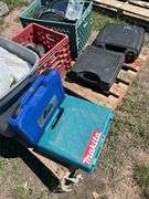 4 Tool carry cases, (Pioneer, Makita, Skil,), Tote of assorted tarps, crate w/ approx 16 3" swivel roller wheels,, crate w/ 10' swivel roller wheels, *Unreserved*