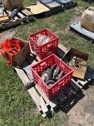Box of Orange Safety Straps, Vest & 2 - Ratchets, Crate of misc Cabinet Hinge Sets  1-2'' Approx. 12 packs, Crate of Approx. 12 - rubber cabinet Wheels 5'' *Unreserved*