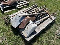 Yard tools, shovels, rake, fork rototiller, approx 9, *Unreserved*
