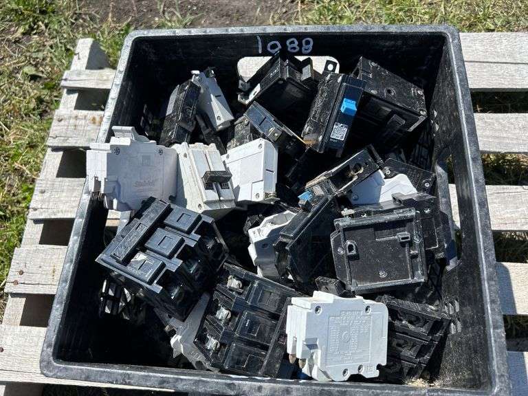 Milk Crate w/ assorted Electrical Circuit breakers, *Unreserved*