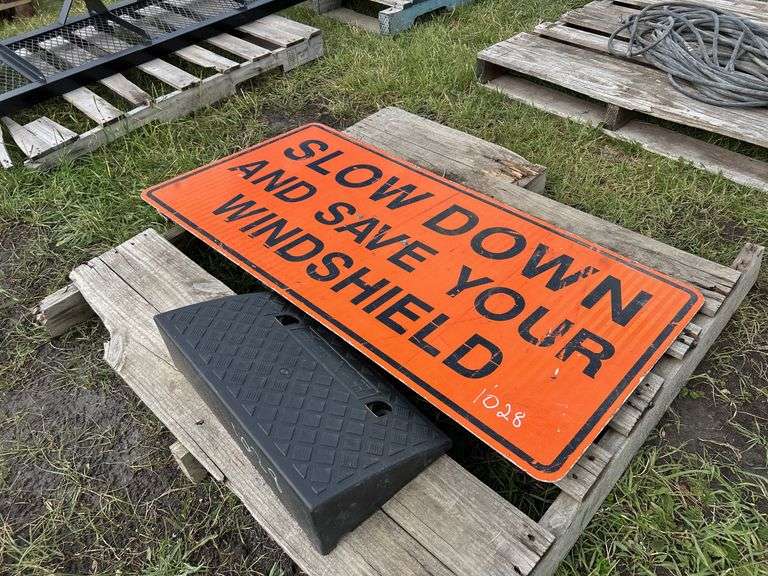 Metal Orange Construction Sign approx 4'x2', Med Duty Curb Ramp approx 5"x1'7"x10", *Unreserved*