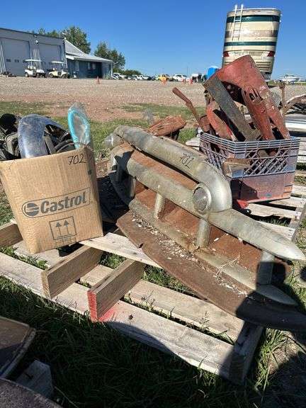 1 - Crate of 1941-46 Chevy Pickup Front End Parts, Light Cowells, Hood Latch, Turn Signal Covers, 1 - Box of 1937-39 Chevrolet Sedan Interior Parts, 50's Chevy 1 Ton Truck Grill*Unreserved*