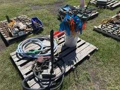 Pallet w/ Fuel pump w/ motor - unknown condition, fuel pump, bucket of market flags, *Unreserved*