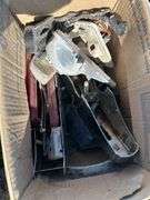 Box w/ Seatbelts, Taillight, Backup Lights, Custom Taillight & Speedometer, Box w/ 1971 Custom 10 Chevy Misc Parts, Heater Motor Shroud 70's Chevy/GM, Rad Fan, Crate w/ Misc. Metal Brackets *Unreserved*