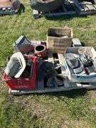 Box w/ Seatbelts, Taillight, Backup Lights, Custom Taillight & Speedometer, Box w/ 1971 Custom 10 Chevy Misc Parts, Heater Motor Shroud 70's Chevy/GM, Rad Fan, Crate w/ Misc. Metal Brackets *Unreserved*