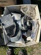 Box w/ Seatbelts, Taillight, Backup Lights, Custom Taillight & Speedometer, Box w/ 1971 Custom 10 Chevy Misc Parts, Heater Motor Shroud 70's Chevy/GM, Rad Fan, Crate w/ Misc. Metal Brackets *Unreserved*
