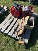 Crate w/ Fan Clutch, Heater Motor, GMC Hord Cover, Door Handle & Misc Plastic Trim, 1 - Crate w/ Taillights 2 - Ford Truck & 2 - Chevy Truck, 80's Datsun Custom Dash w/ Gauges & Switch Panel, 1 - Box w/ Misc. Cords, Saw Blade, & Lens Covers *Unreserved*