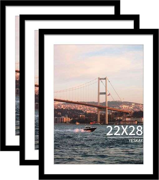 YESKAY 22X28 PICTURE FRAME BLACK SET OF 3, DISPLAY PICTURES 18X24 WITH MAT OR 22 X 28 WITHOUT MAT, P