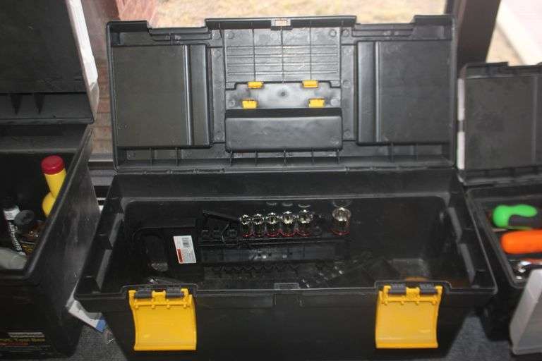 VOYAGER PVC TOOL BOX WITH TOP STORAGE AND TOOLS / HARDWARE INCLUDING METRIC / SAE SOCKETS, HEAVY DUTY BITS, STUD FINDER ECT