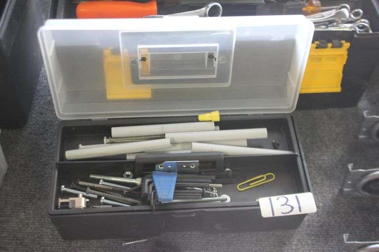 VOYAGER PVC TOOL BOX REMOVABLE INSIDE PIECE AND TOOLS / HARDWARE INCLUDING HEX-DRIVERS, SCREWS, BOLTS ECT