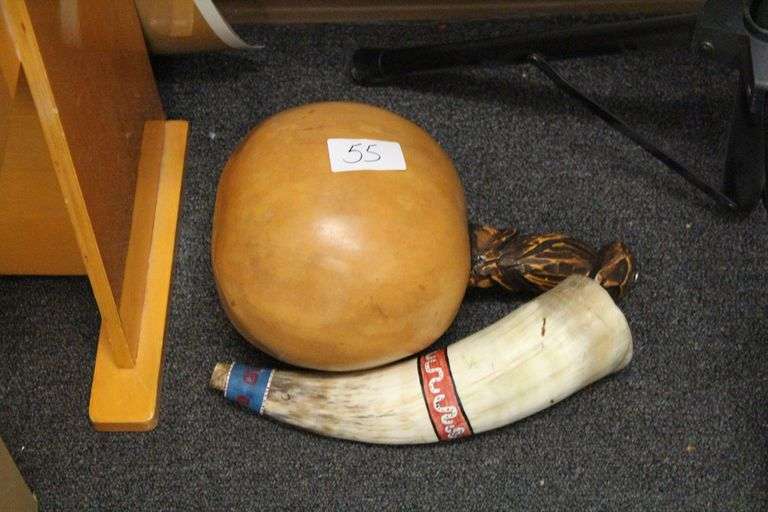 AUTHENTIC BLOW HORN INSTRUMENT AND HAND CARVED MARACA LIKE INSTRUMENT