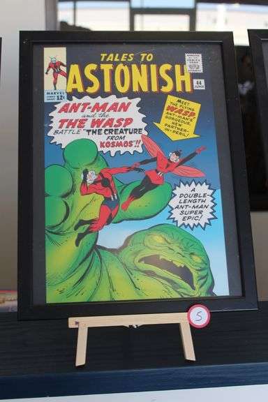 2014 MARVEL TALES TO ASTONISH, ANT-MAN & THE WASP POSTER IN BLACK FRAME APROX 17"x13" *double sided with separate art on back!!*