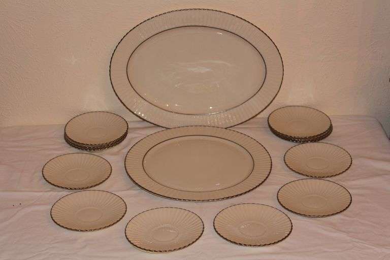 COLONNADE PL BY LENOX W-306P CHINA SET WITH SILVER TRIM  MADE IN USA WITH 6" PLATES, 13" & 16" SERVING PLATTERS