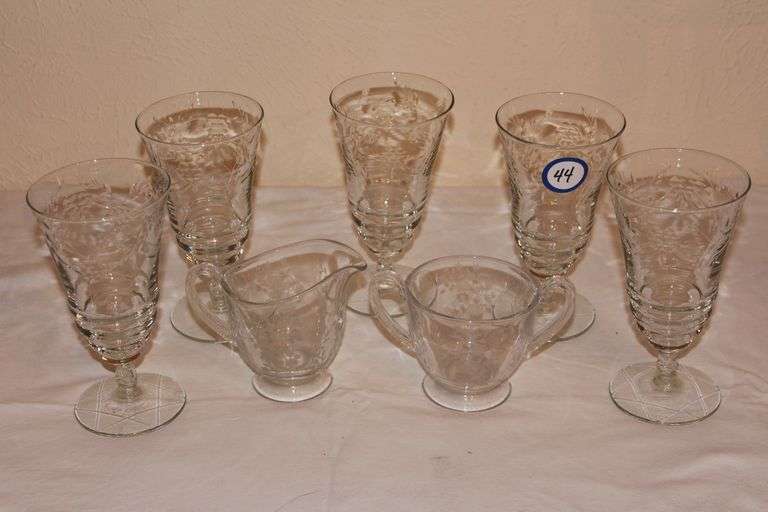 ETCHED GLASS MATCHING CHALICES, SUGAR & CREAM CUPS