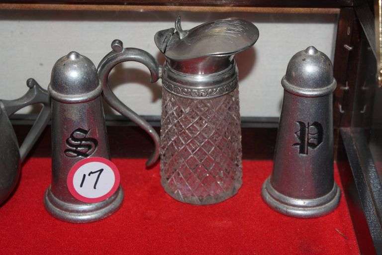 ANTIQUE? CRYSTAL CREAM BOAT, AND MATCHING SALT & PEPPER SET