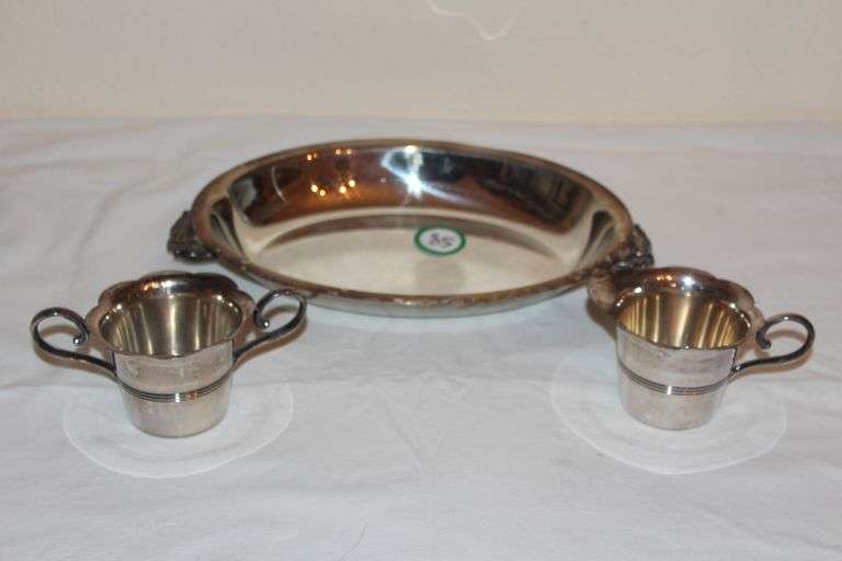 SILVER PLATED CREAM & SUGAR BOTH STAMPED WITH EPWM 4910 & OTHER PURITY STAMPS ; AND SILVER PLATED COPPER SERVING TRAY