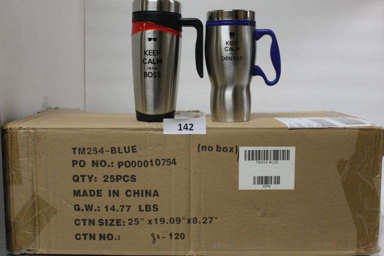 KEEP CALM, IM THE BOSS STAINLESS STEEL TUMBLER WITH RED PLASTIC HANDLE