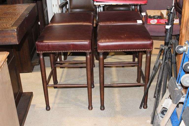 ALDER & TWEED FURNITURE POLYESTER FOAM PADDED BAR STOOLS WITH FOOT REST, BRONZE BUTTON TRIM, AND SOLID WOOD LEGS APROX