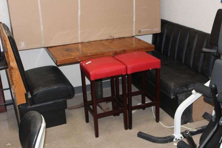 SOLID WOODEN PADDED RESTAURANT DINING TABLE SET WITH 2-BOOTHS, AND RED LEATHER PADDED BAR STOOLS