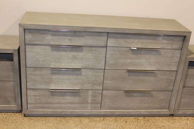 SOLID WOOD WEATHERED GREY DRESSER WITH 8-POLISHED CHROME HANDLE DRAWERS APROX 64"x18"x40" HARDLY USED, MADE IN 2022