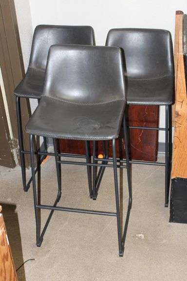 BLACK LEATHER APPEARING BAR STOOLS WITH METAL LEGS, HARDLY USED