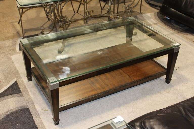 XINDING FURNITURE T1171-100D RECTANGLE COCKTAIL TABLE WITH GLASS TOP, SOLID WOOD, MADE IN 2013, IN GREAT CONDITION APROX 50" x 30" x 18"