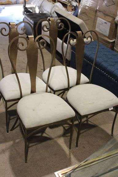 STANLEY FURNITURE COMPANY METAL FRAMED GOLD TONE DINING CHAIRS WITH SUEDE LIKE PADDED SEATS 18"x15"x39"