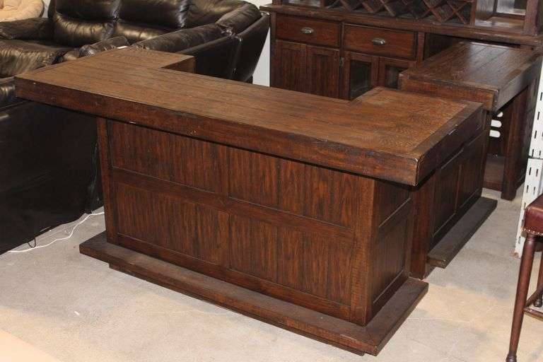 SOLID WOOD BAR CABINET WITH APROX 4' H BARS, AND INSIDE STORAGE COMPLETE WITH WINE HOLDERS, SINK CUTOUT, CABINETS AND DRAWER