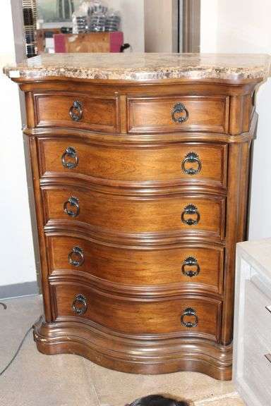 PULASKI SAN MATEO CHEST OF DRAWERS ITEM # 662124 WITH LAMINATED MARBLE TOP, RICH PECAN FINISH, & 5-FELT LINED DRAWERS APROX 44" x 2' x 57" NEW RETAIL $2,800 HARDLY USED, MADE IN 2019