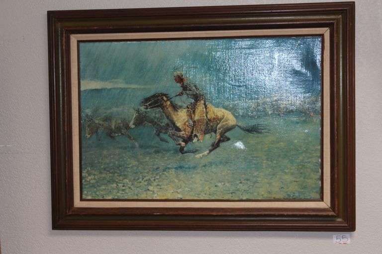 FREDRIC REMINGTON "THE STAMPEDE" FRAMED WESTERN ART IN SOLID WOOD FRAME, APPEARS HAND SIGNED & ORIGINAL