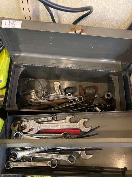 METAL TOOL BOX FILLED WITH VARIOUS TOOLS, ATTACHMENTS, & HARDWARE