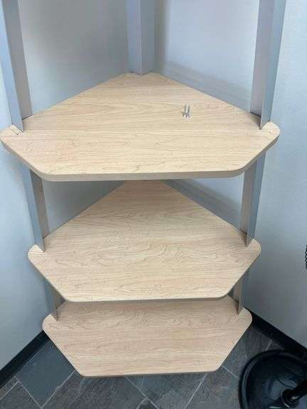 4-TIER WOOD AND METAL CORNER SHELVING UNIT APROX TOTAL DIM. 33"L x 2'W x 6'H