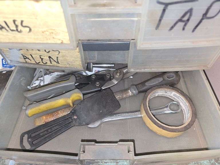 7-DRAWER PLASTIC ORGANIZER FULL OF TOOLS AND HARDWARE APROX 15"x11"x25"