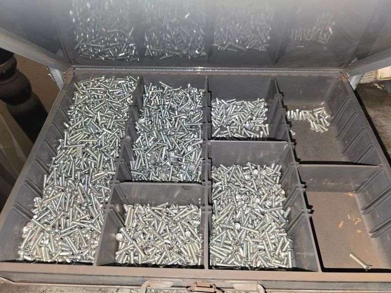 METAL SMALL HARDWARE ORGANIZER WITH 6-DRAWERS FILLED WITH ORGANIZED HARDWARE APROX 15"x12"x16"