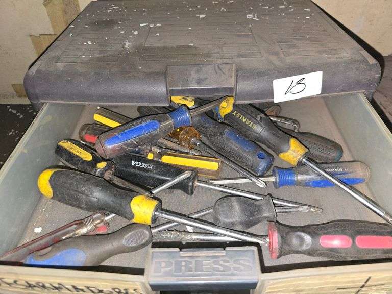 7-DRAWER PLASTIC ORGANIZER FULL OF TOOLS AND HARDWARE APROX 15"x11"x25"