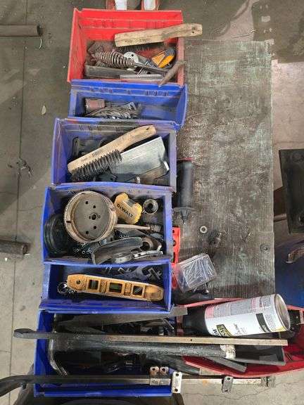 VARIOUS HAND TOOLS AND METAL HARDWARE WITH BINS INCLD.