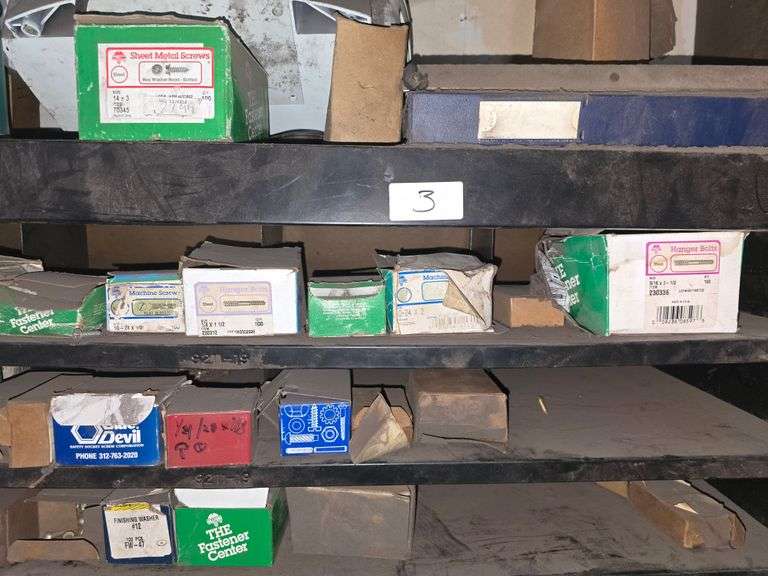 METAL 9-TIER CABINET APROX 38"x1'x3' & METAL TABLE APROX 38"x14"x30"; WITH WIDE VARIETY OF FASTENERS INCLUDED