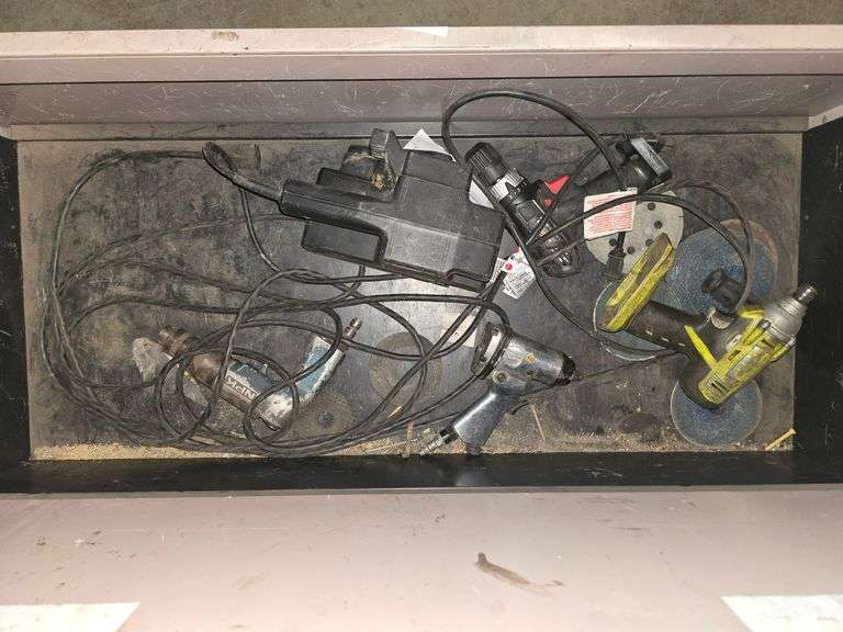 TOOLS INCLUDING CENTRAL PNEUMATIC AIR GUN, RYOBI CORDLESS DRILL, BAND SAW, NPK PNEUMATIC TOOL ECT