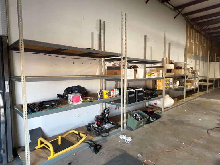 TEARDROP METAL WAREHOUSE RACKING WITH PLYWOOD SHEET SHELVING APROX 8'L x 3'W x 12'H various amounts of crossmembers per unit. **Pickup after 2pm!!
