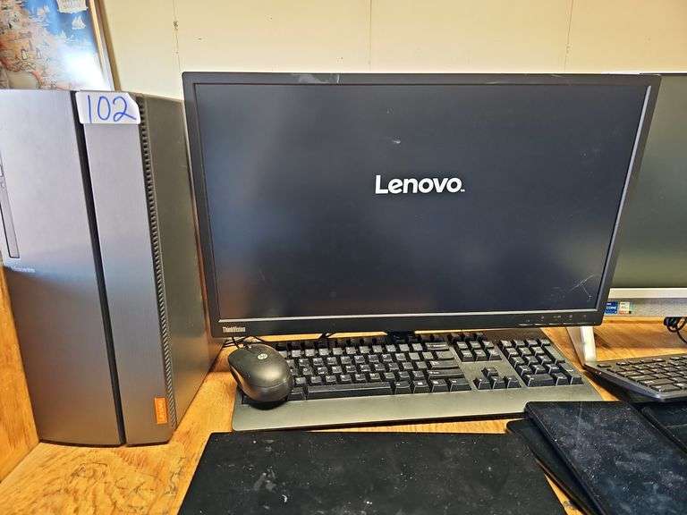 LENOVO IDEACENTRE COMPUTER WITH POWER CABLE AND THINKVISION E2410 MONITOR WITH POWER CABLE USB MOUSE AND KEYBOARD INCLD. EACH POWER ON