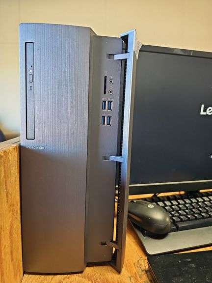 LENOVO IDEACENTRE COMPUTER WITH POWER CABLE AND THINKVISION E2410 MONITOR WITH POWER CABLE USB MOUSE AND KEYBOARD INCLD. EACH POWER ON