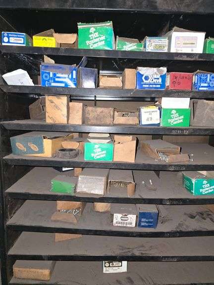 METAL 9-TIER CABINET APROX 38"x1'x3' & METAL TABLE APROX 38"x14"x30"; WITH WIDE VARIETY OF FASTENERS INCLUDED