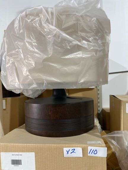 SHORT CYLINDER SHAPED LAMP 03040301 HANDMADE BY DÉCOR VIVANT WITH SOLID WOOD BASE AND FABRIC SHADE APROX 16"DIA x 15"H