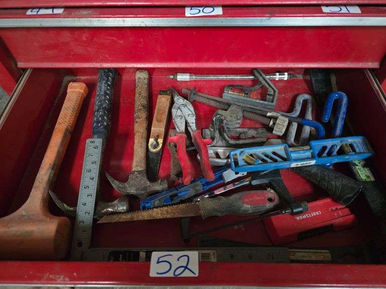 WIDE VARIETY OF HAND TOOLS INCLUDING SMALL LEVEL , CRAFTSMAN STUD FINDER, LARGE T-HANDLE HEX WRENCH'S, HAMMERS, ECT