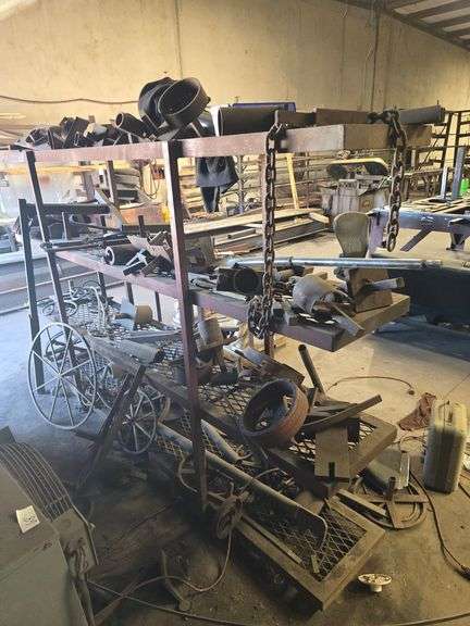 4-TIER SOLID METAL HEAVY DUTY SHELVING UNIT APROX 8'3" x 17" x 61"; WITH CUSTOM FORGED SOLID STEEL DÉCOR & HEAT FORGING TOOLS