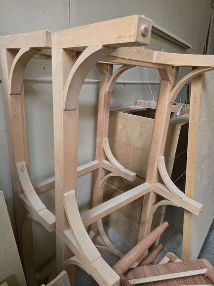 SOLID WOOD PROJECTS INCLUDING (2) LOW END TABLES APROX 27" x 60" x 14"; ROUND LOW END TABLE APROX 17"H x 23"W, AND (2) LEG SETS